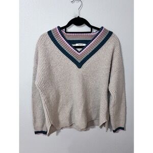 Madewell Sweater Size Large Womens Beige Wool Blend Tipped Forest V Neck Knit